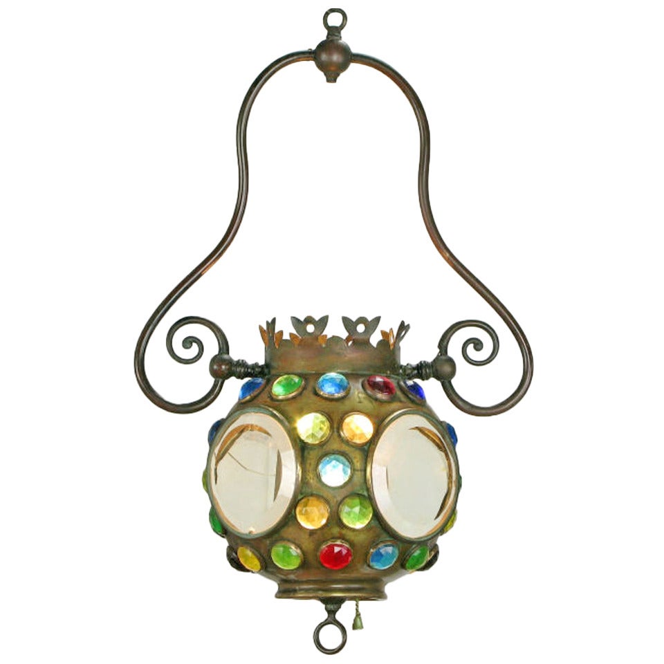 Art Nouveau Brass Pendant Inset With Colored Faceted Glass