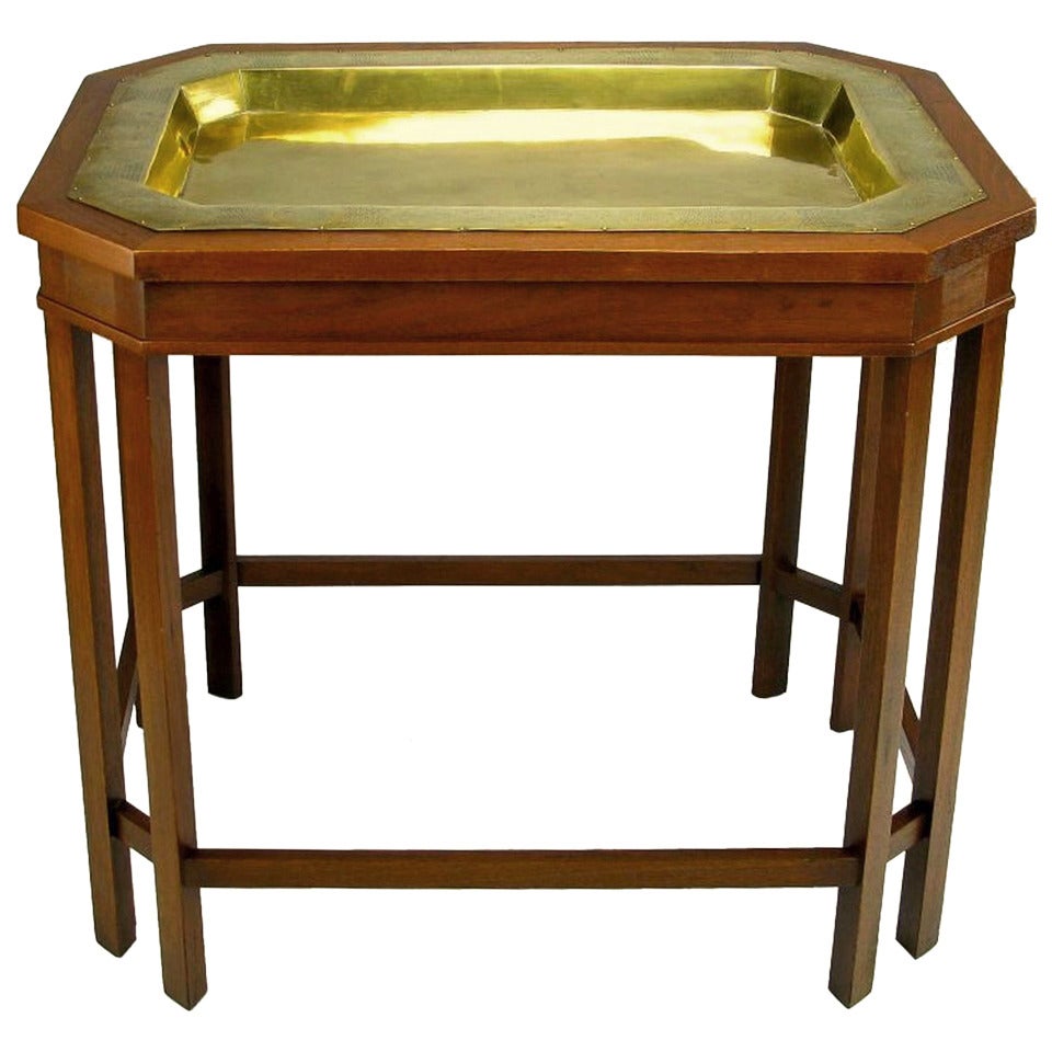 Mahogany Canted Corner Table with Inset Reticulated Brass Tray For Sale