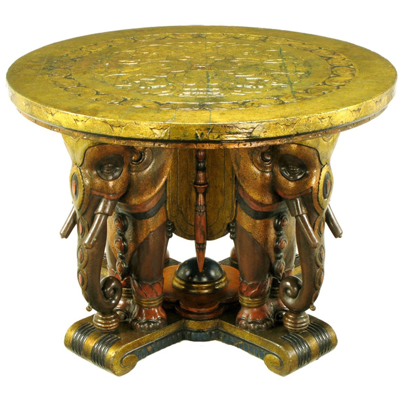 Extraordinary 1920s Polychrome Parcel-Gilt Elephant Centre Table For Sale