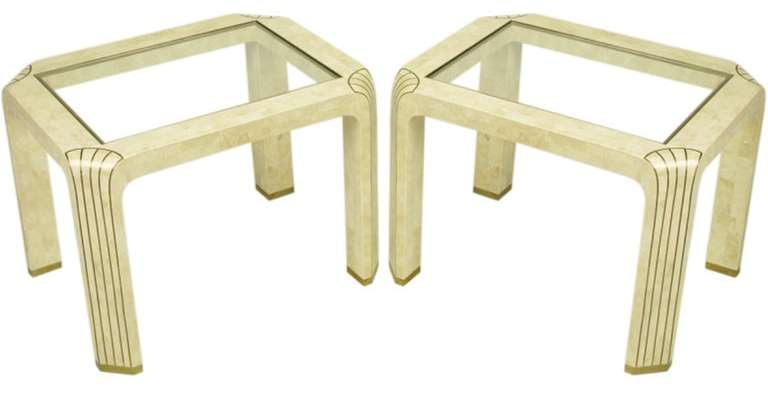 American Pair of Tessellated Fossil Stone and Inlaid Brass Side Tables For Sale