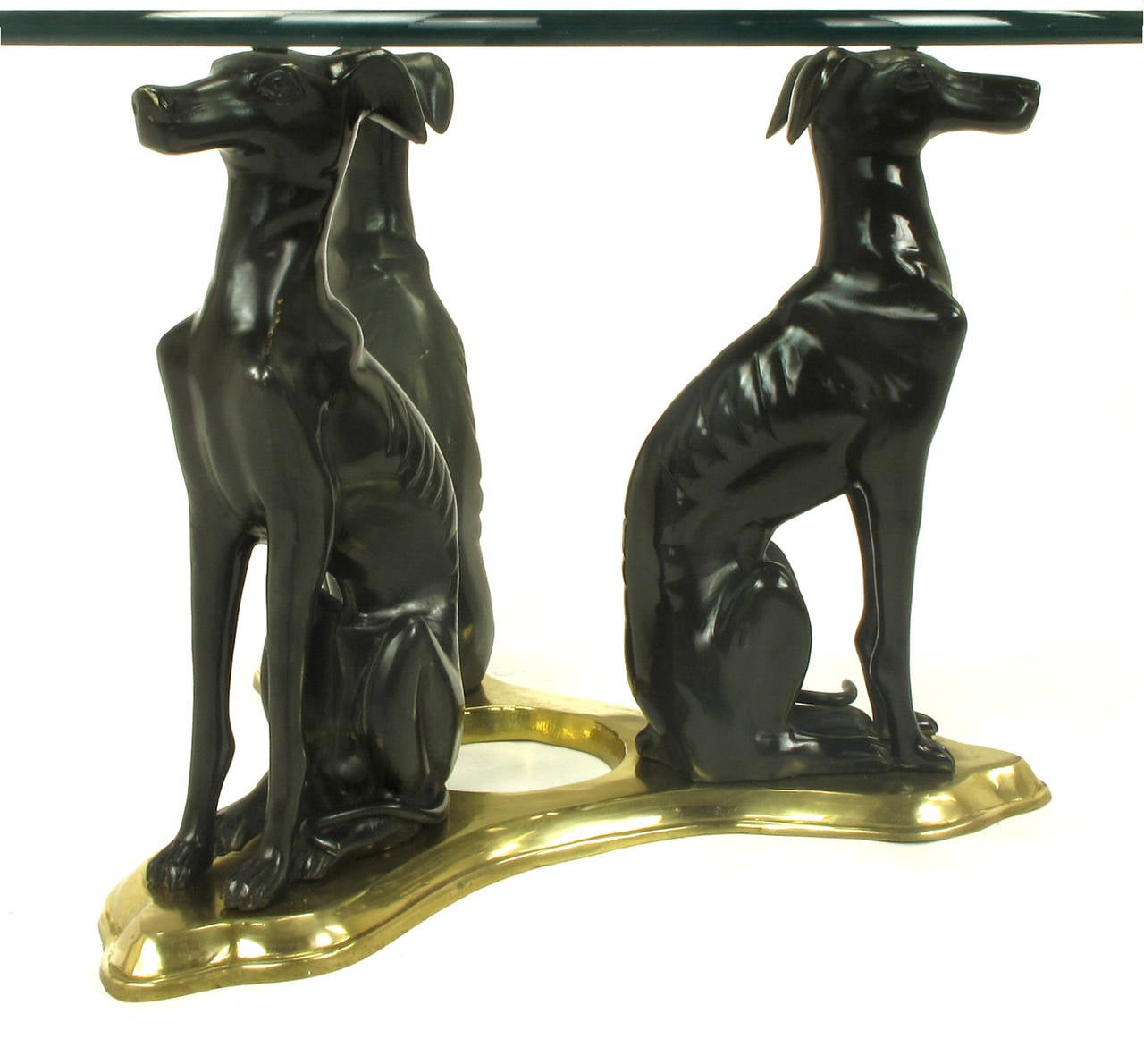 Glass Coffee Table with Trio of Bronze Italian Greyhounds on Brass Trefoil In Good Condition In Chicago, IL