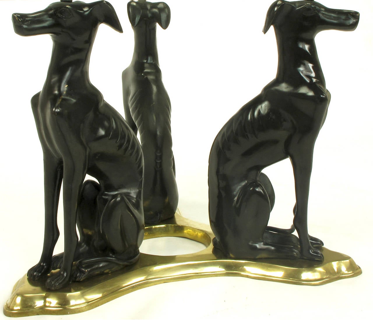 American Glass Coffee Table with Trio of Bronze Italian Greyhounds on Brass Trefoil