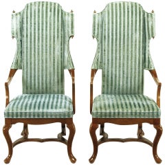 Vintage Pair of Tall Wing Chairs in Cut Velvet with Brass Finials by Jim Peed