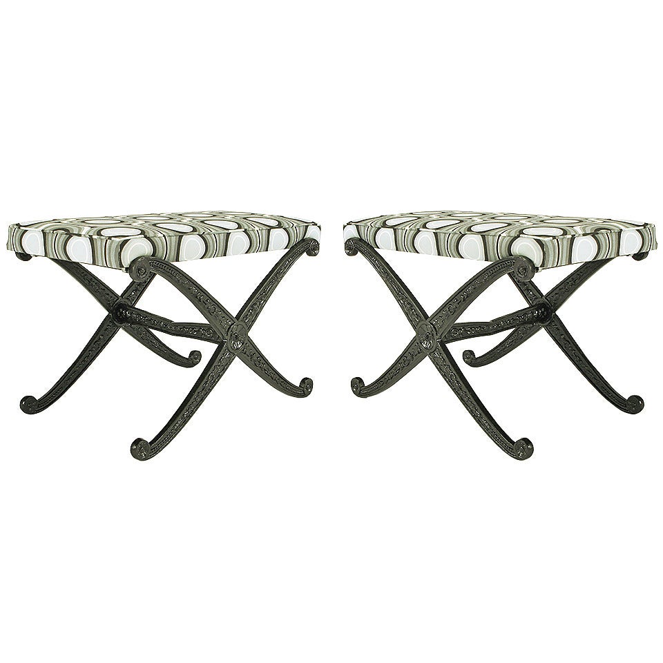 Pair of Palladio Italian Black Lacquer, X-Base Benches