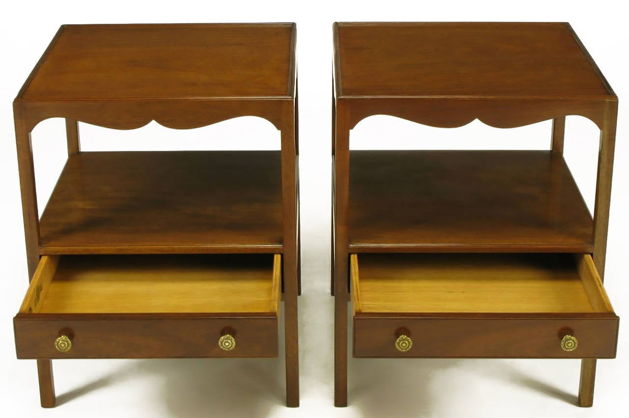 American Pair of Kittinger Mahogany Scalloped Apron Nightstands with Drawers