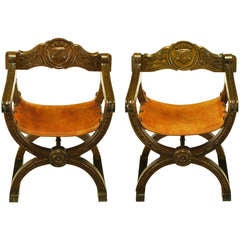 Pair Spanish Revival Oak & Leather Curule Base Armchairs