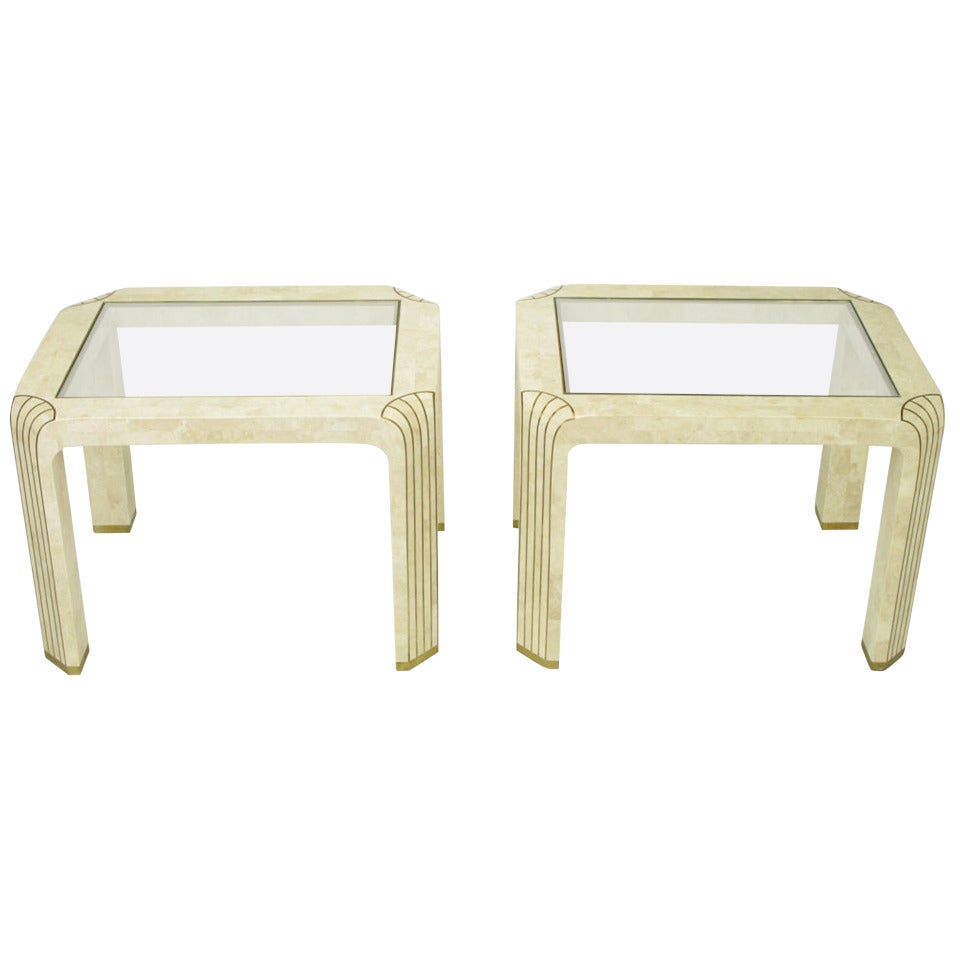Pair of Tessellated Fossil Stone and Inlaid Brass Side Tables For Sale
