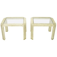 Pair of Tessellated Fossil Stone and Inlaid Brass Side Tables