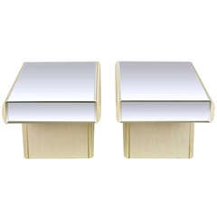 Pair Italian White Glazed Oak & Mirror Cantilever End Tables