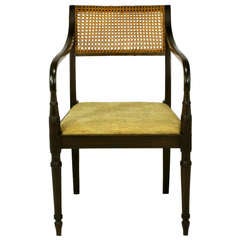 Dark Walnut & Cane Regency Arm Chair With Upholstered Seat
