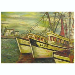 Olio su tela firmato in stile WPA Harborscape