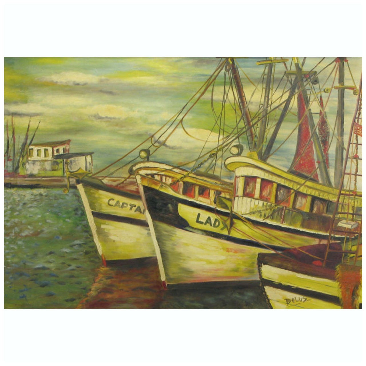 Signed WPA Style Harborscape Oil On Canvas