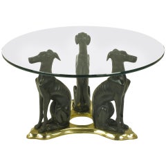 Glass Coffee Table with Trio of Bronze Italian Greyhounds on Brass Trefoil