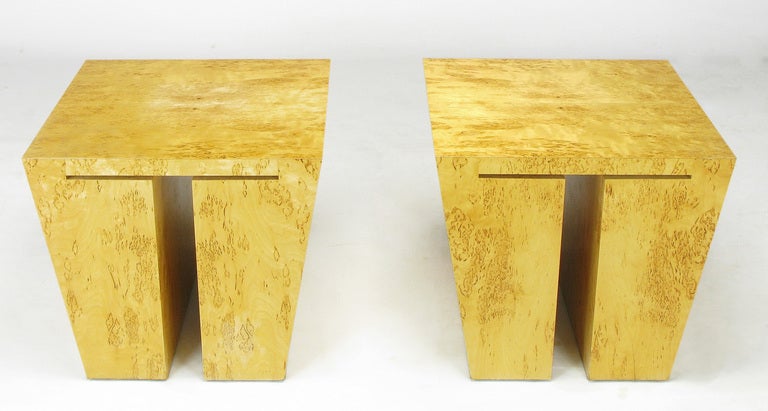 Exceptional pair of bench built studio end tables in Karelian birch or similar veneer. Very expressive grain pattern and well built. Solid and very heavy with an open T shape middle. Makers mark plate to the bottom as referenced in image 10. Could