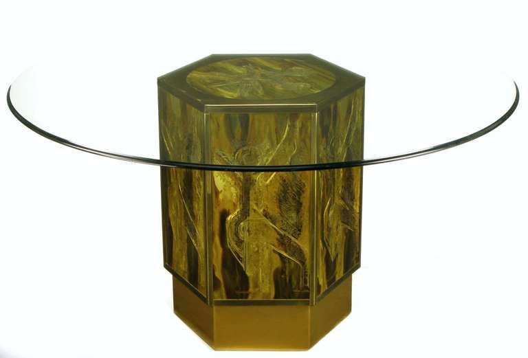 Artistic Mastercraft hexagonal pedestal table base finished in brass corners and Bernhard Rohne acid etched panels mounted to a wood frame. The recessed hexagonal plinth base is gold lacquered wood. Also available as a pair.