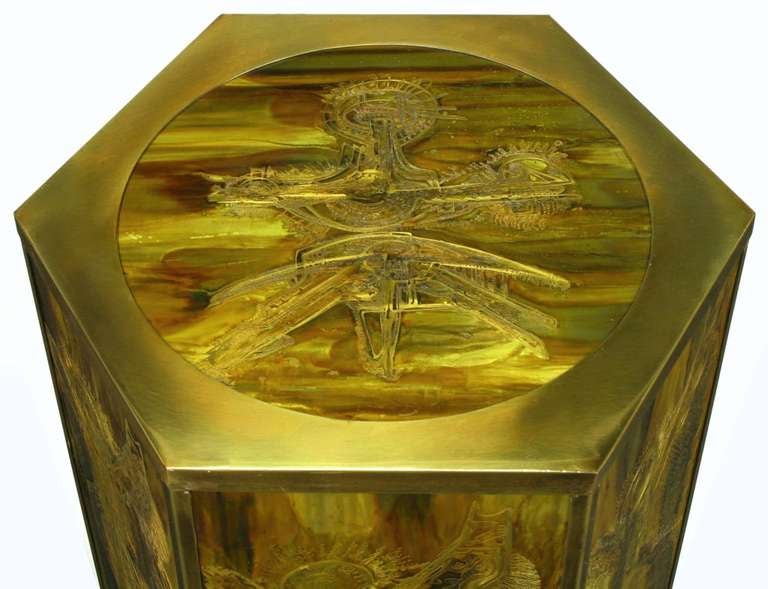 Bernhard Rohne for Mastercraft Acid Etched Brass Hexagonal Pedestal Table For Sale 1
