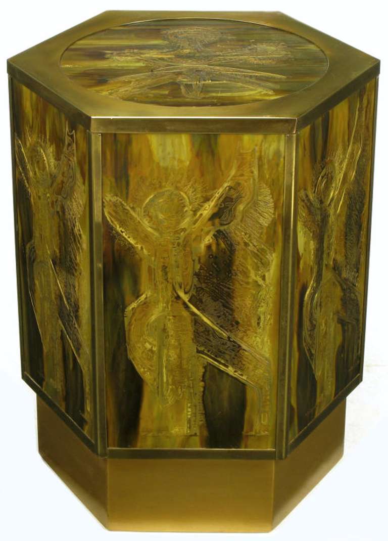 Late 20th Century Bernhard Rohne for Mastercraft Acid Etched Brass Hexagonal Pedestal Table For Sale