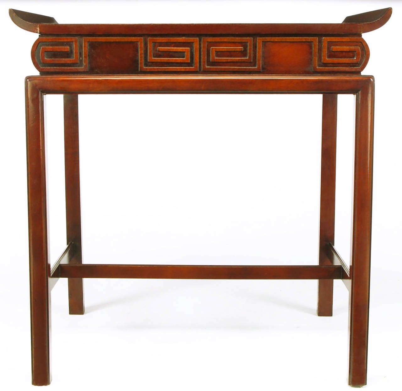 Pair of Curved Mahogany and Leather Top End Tables with Greek Key Reliefs In Good Condition For Sale In Chicago, IL