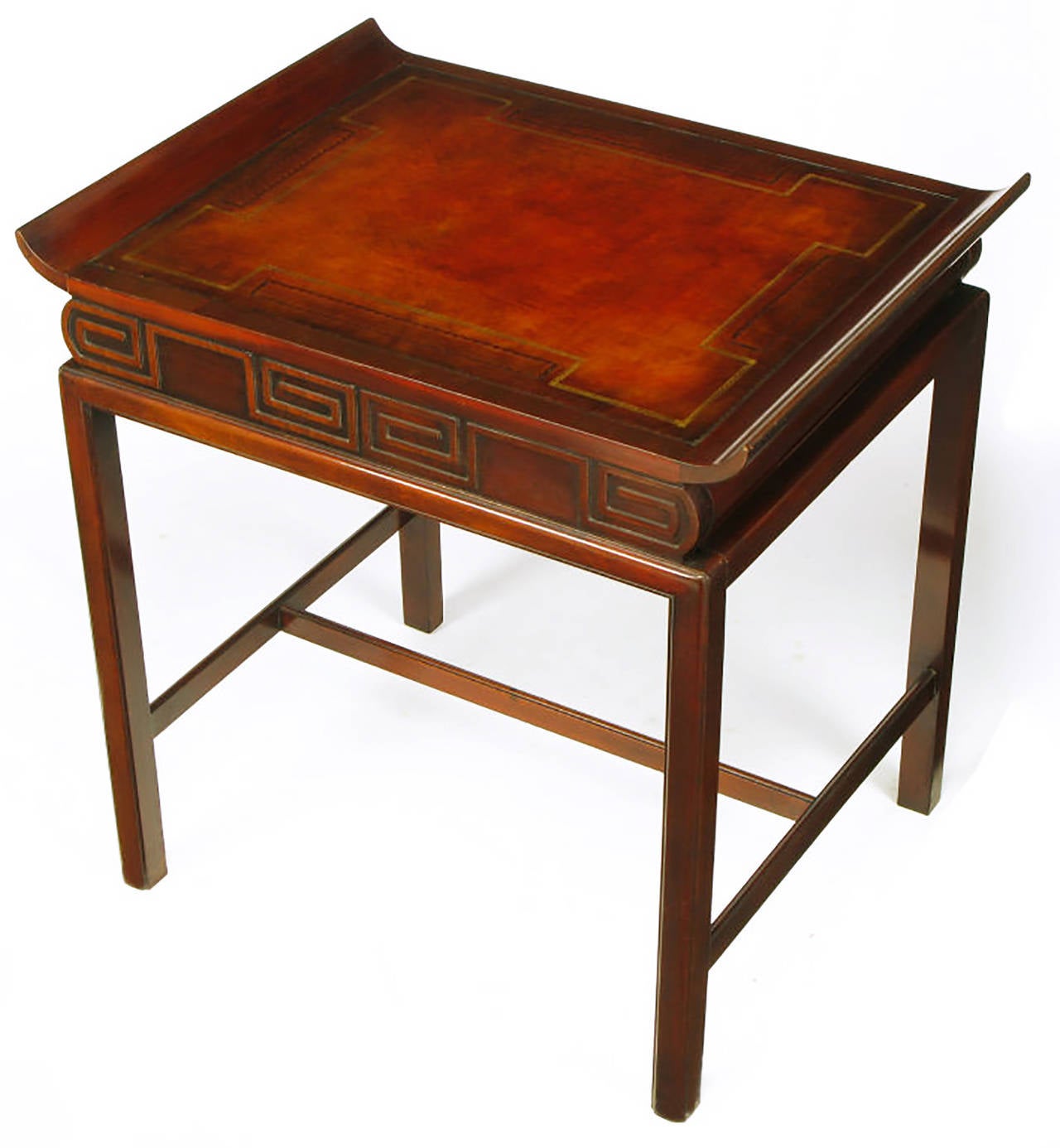 Pair of Curved Mahogany and Leather Top End Tables with Greek Key Reliefs In Good Condition For Sale In Chicago, IL