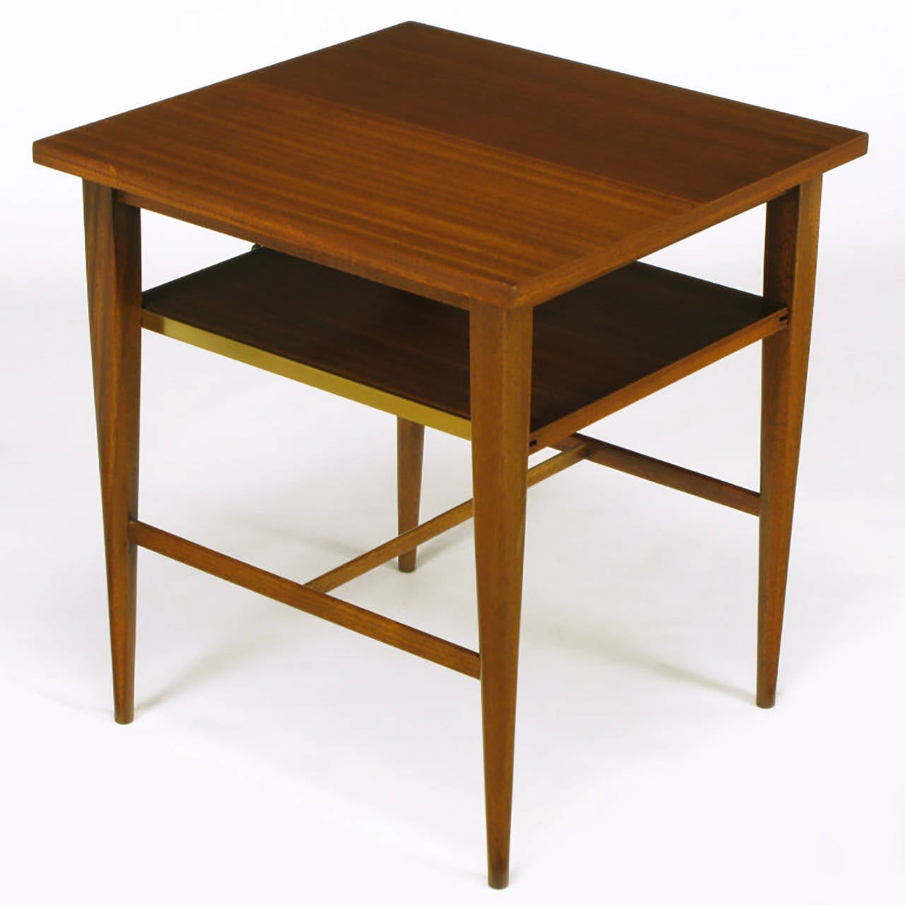 Brass Paul McCobb Ribbon Mahogany End Table with Extensible Shelf