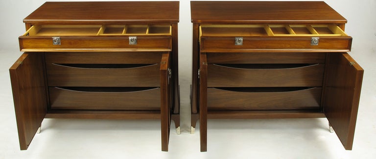 Mid-20th Century Pair Uncommon Walnut & Polished Zinc Four-Drawer Commodes