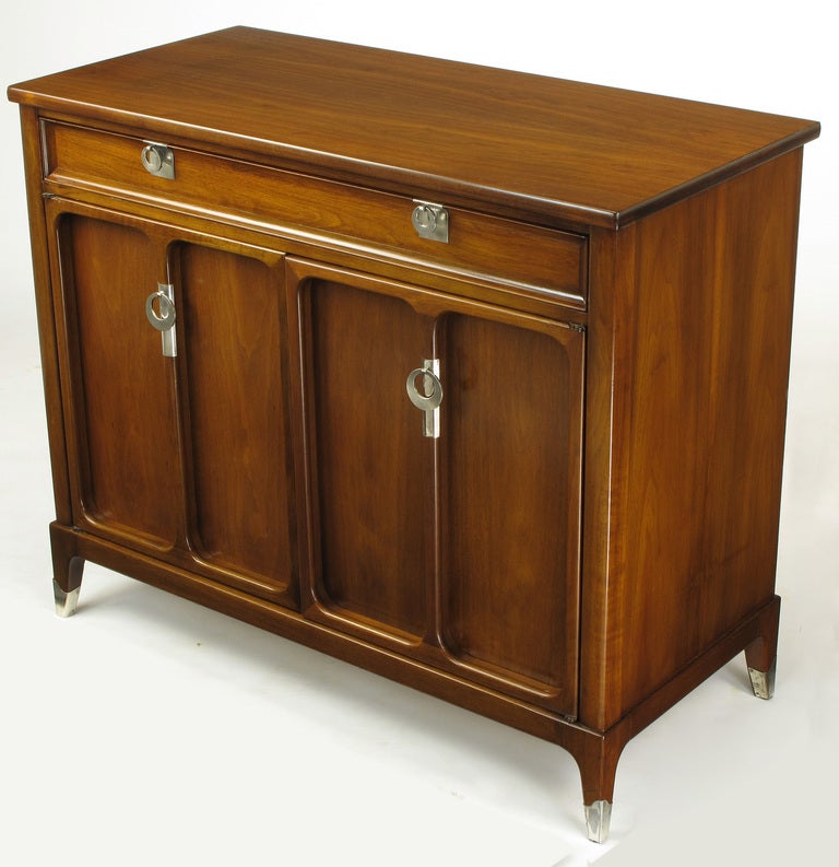 Pair Uncommon Walnut & Polished Zinc Four-Drawer Commodes In Excellent Condition In Chicago, IL