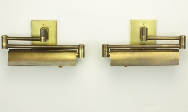 American Pair 1940s Solid Brass Swing Arm Pharmacy Sconces