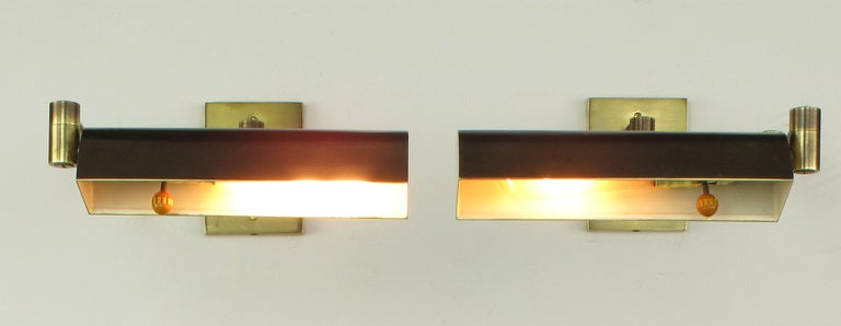 Pair 1940s Solid Brass Swing Arm Pharmacy Sconces In Excellent Condition In Chicago, IL