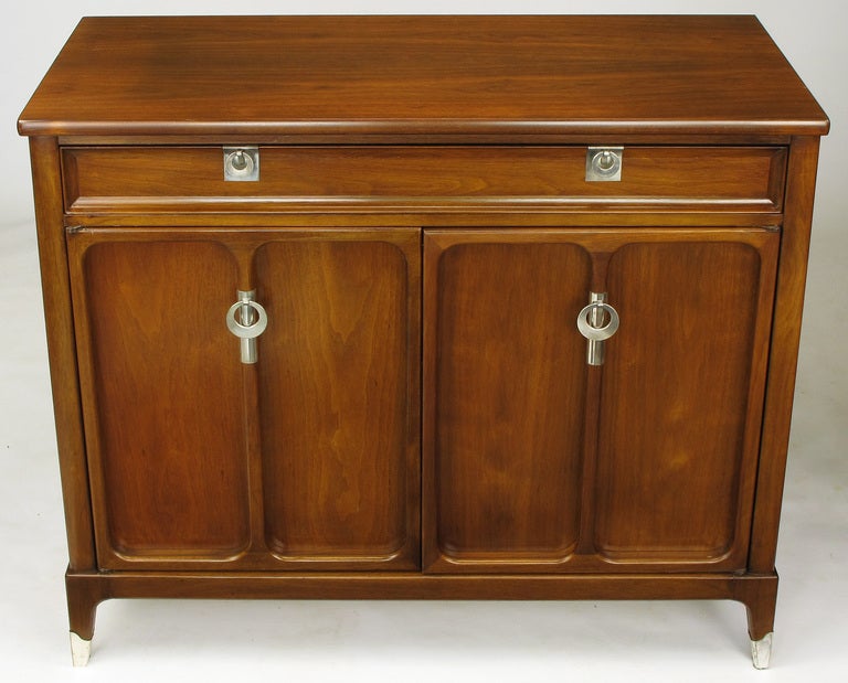 American Pair Uncommon Walnut & Polished Zinc Four-Drawer Commodes