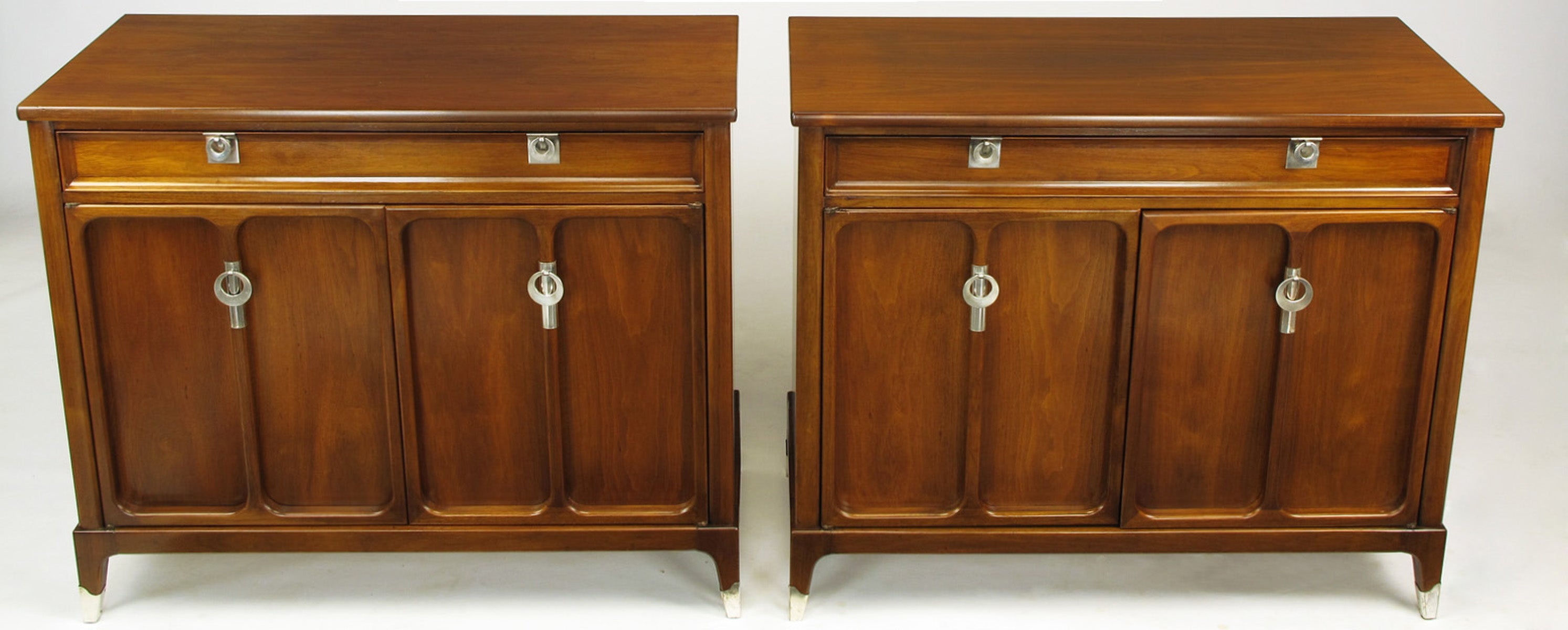 Pair Uncommon Walnut & Polished Zinc Four-Drawer Commodes