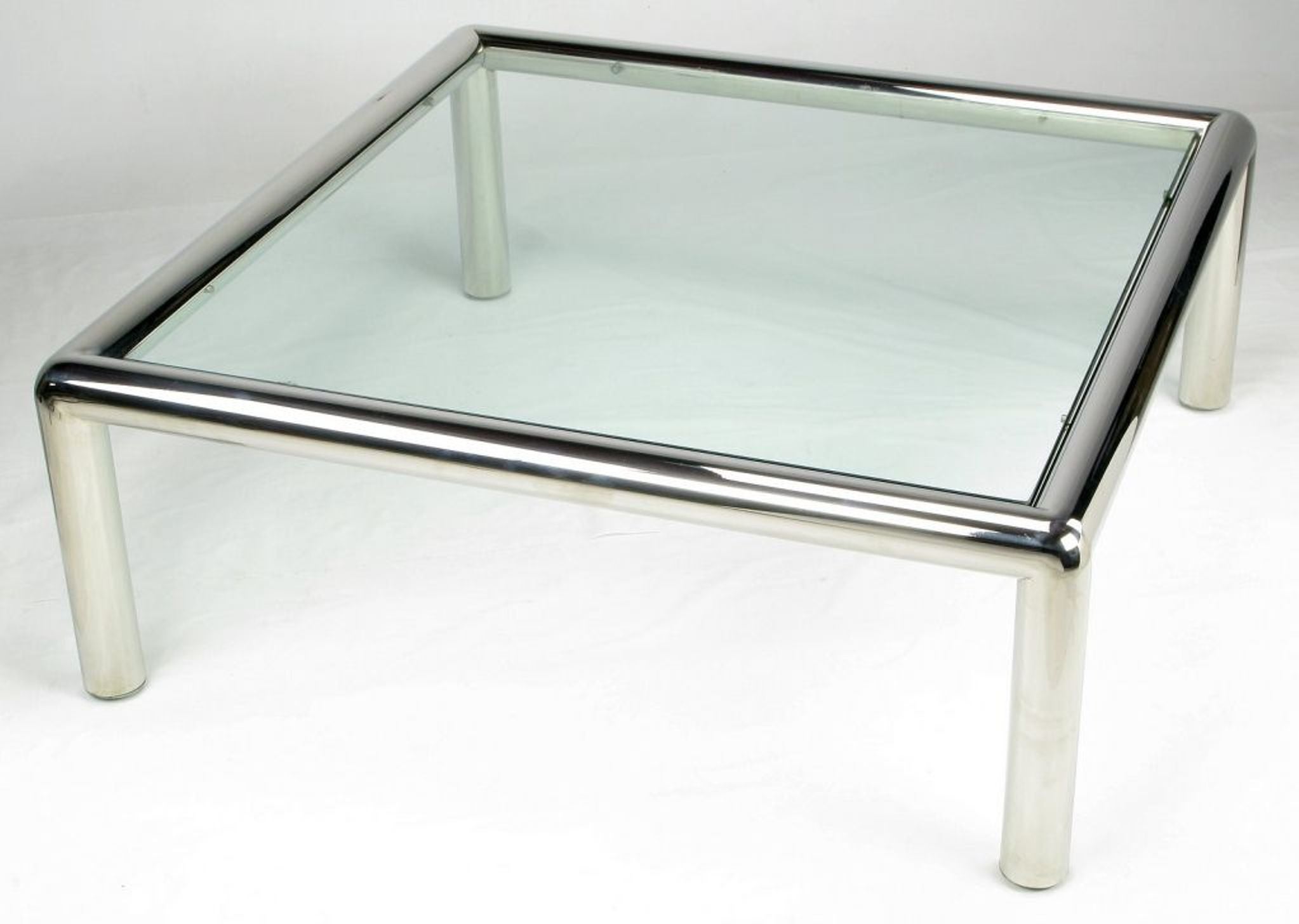 John Mascheroni "Tubo" Polished Aluminum & Glass Coffee Table For Sale