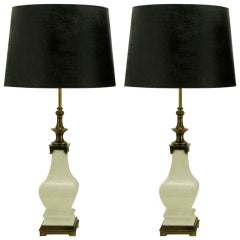 Pair Stiffel White Crackle Glazed Ceramic & Brass Table Lamps