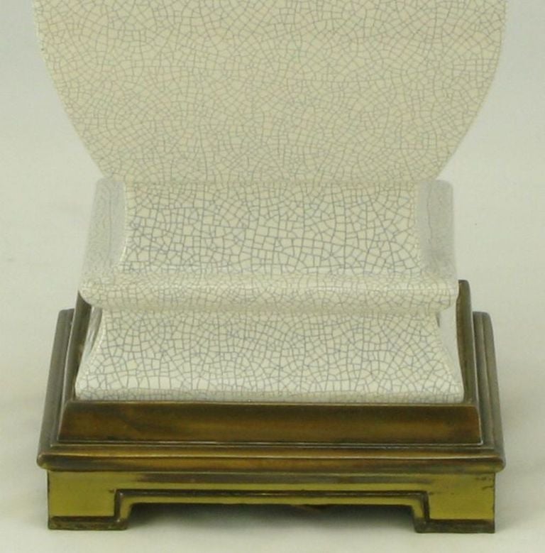 Pair Stiffel White Crackle Glazed Ceramic & Brass Table Lamps 2