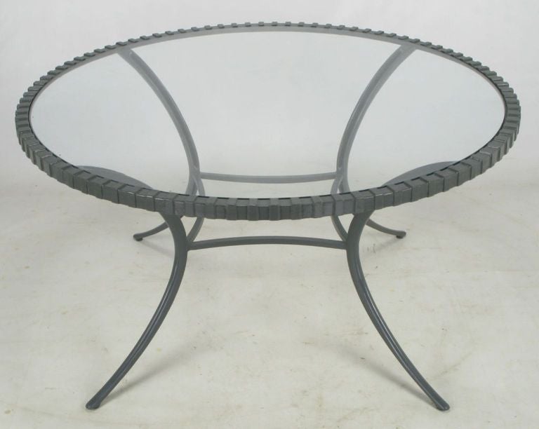 Thinline cast aluminum, glass top dining table in fresh slate gray lacquer. One of the first manufacturers of cast aluminum furniture, Thinline used only the best castings and alloys. As a result the fine edging and crisp lines have stood the test