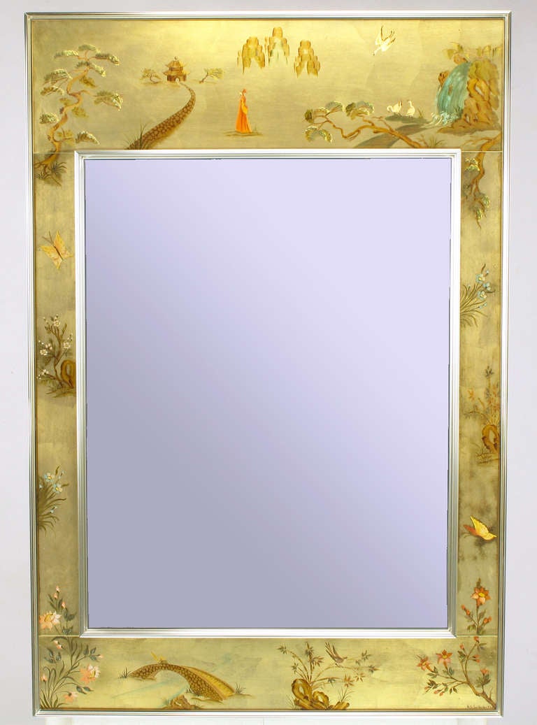 La Barge hand painted mirror frame depicts Asian flora and fauna. Chrome anodized aluminum gallery style surround. Signed and dated by the artist, K. Scheibach, 77.