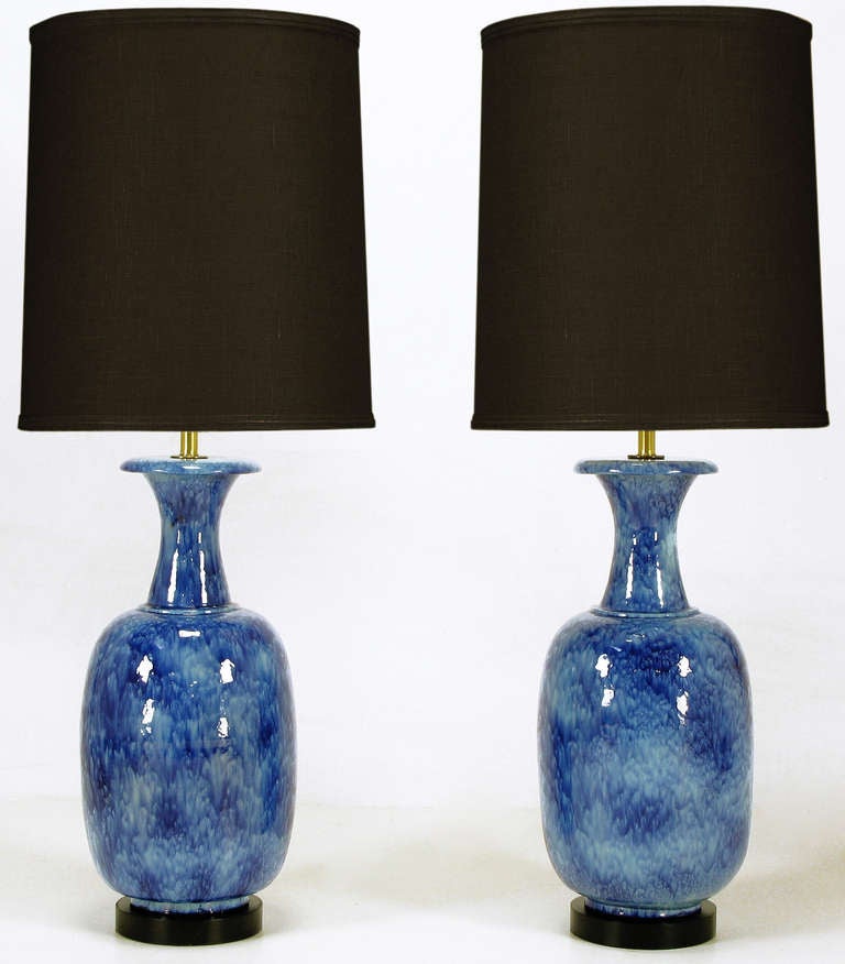 Pair 40" Italian Stippled Blue Pottery Table Lamps