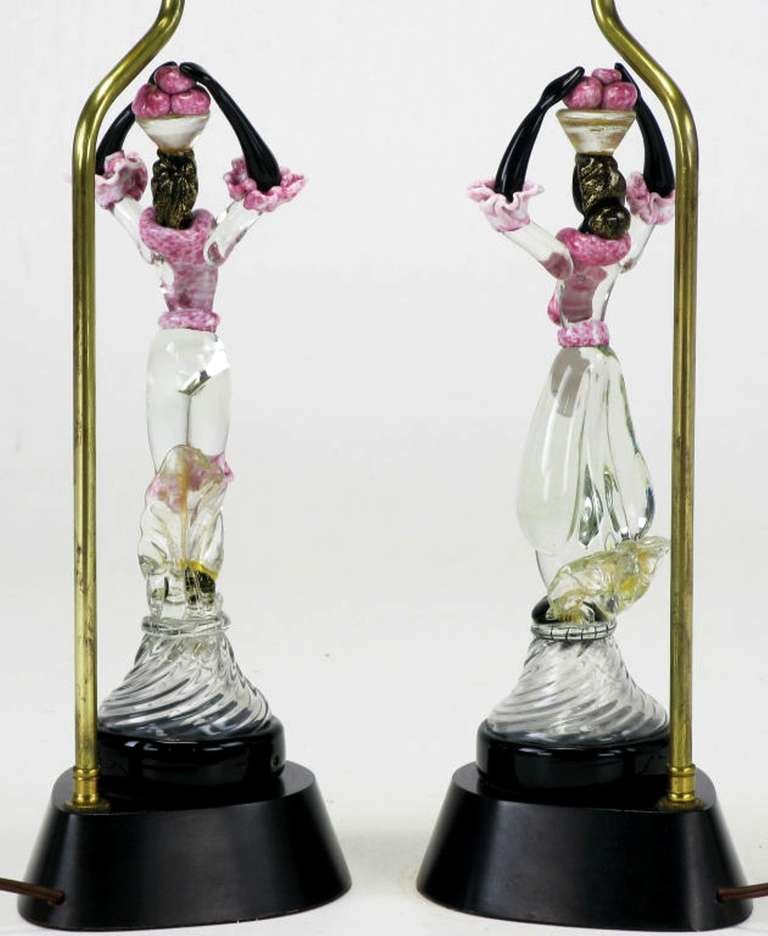 Pair of Italian Murano Glass African Female Figure Table Lamps In Excellent Condition For Sale In Chicago, IL