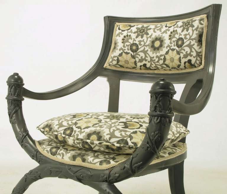 Pair Carved Wood & Slate Grey Lacquer Curule Chairs 4