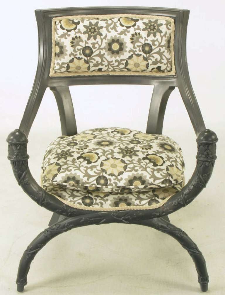 American Pair Carved Wood & Slate Grey Lacquer Curule Chairs
