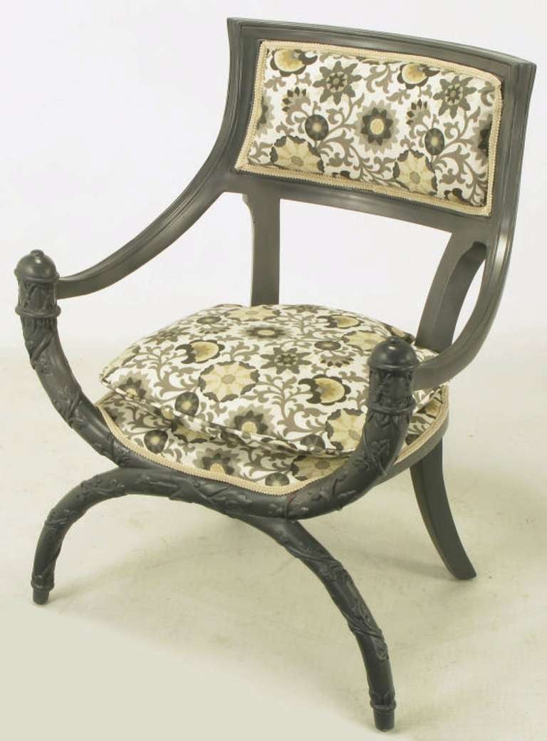 Pair Carved Wood & Slate Grey Lacquer Curule Chairs In Excellent Condition In Chicago, IL