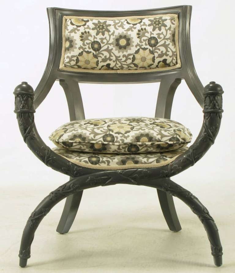 Pair Carved Wood & Slate Grey Lacquer Curule Chairs 5