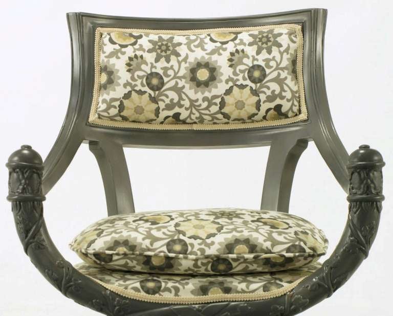 Pair Carved Wood & Slate Grey Lacquer Curule Chairs 3