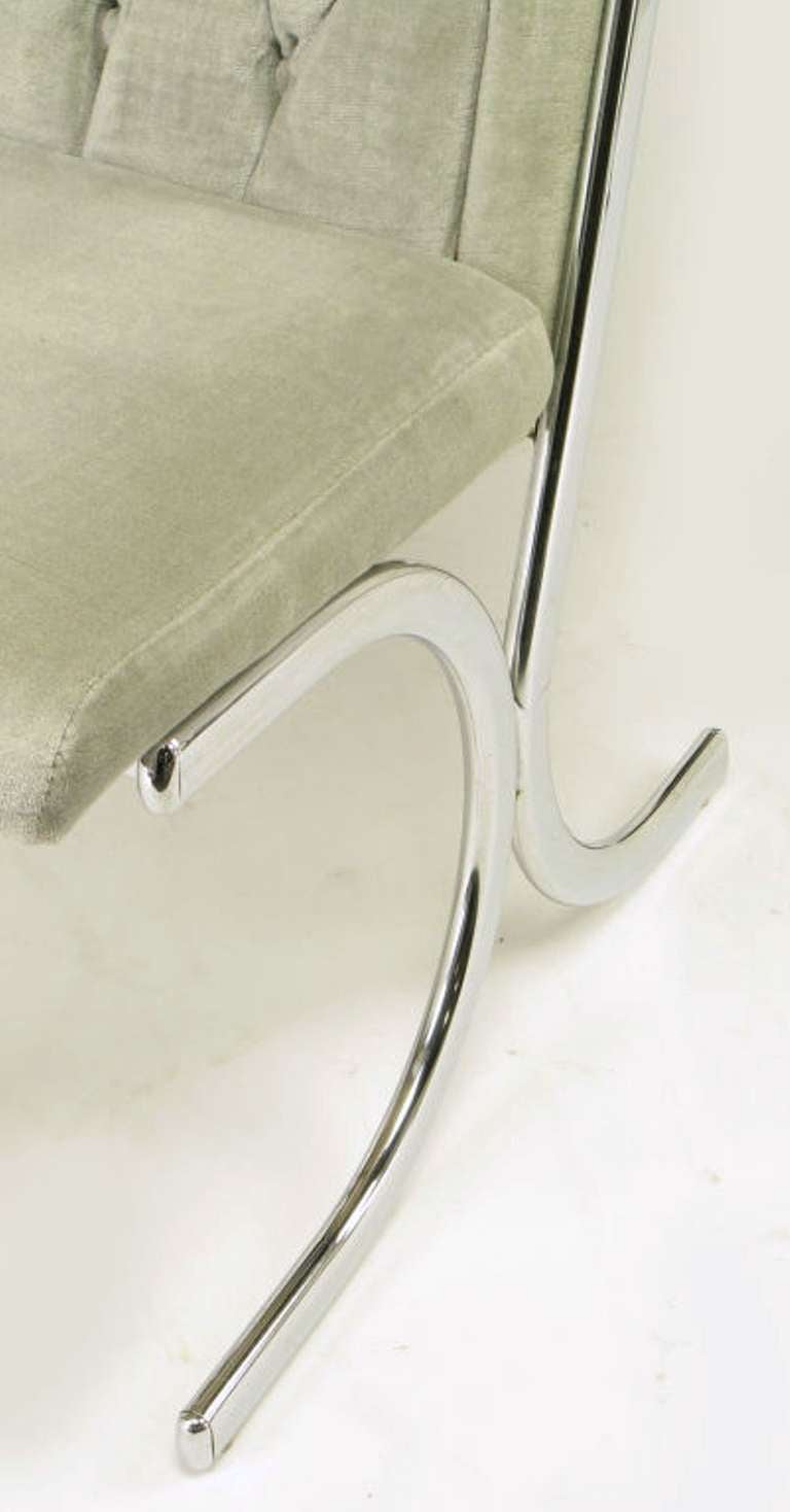 Four Howell Chrome & Gray Velvet Cantilevered Dining Chairs 1