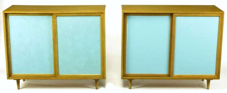 Pair Harvey Probber Tiffany Blue Leather-Front Cabinets