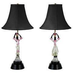 Pair of Italian Murano Glass African Female Figure Table Lamps