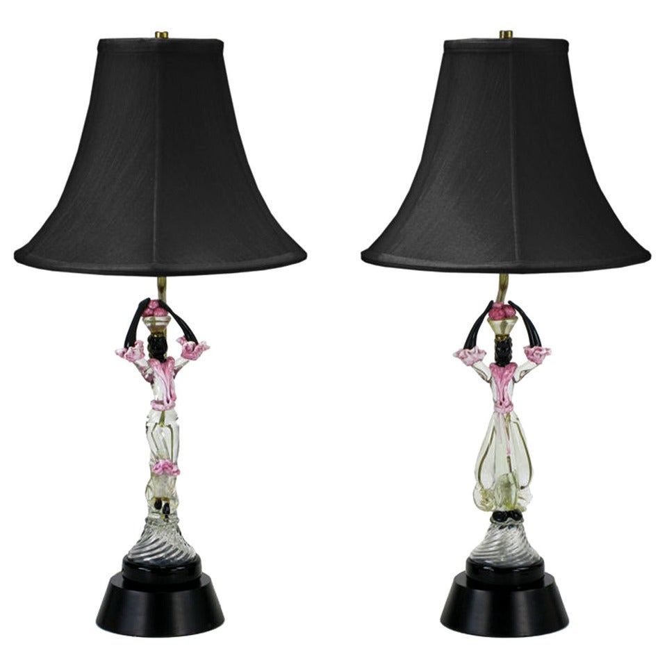 Pair Of Italian Murano Glass African, African Style Table Lamps