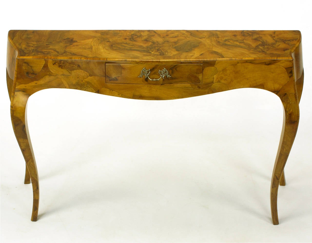Elegant Italian walnut oyster burl veneered console table. Cabriole legs to the front and rear with bombay front and sides. Finely cast brass filigreed pull. Single center drawer with original interior paper covering.