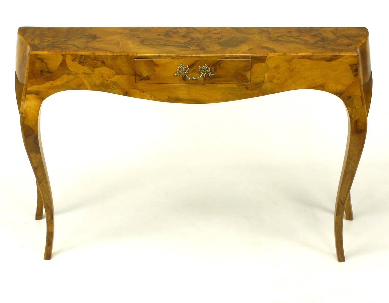 Mid-20th Century Italian Walnut Oyster Burl Bombe Console Table with Cabriole Legs