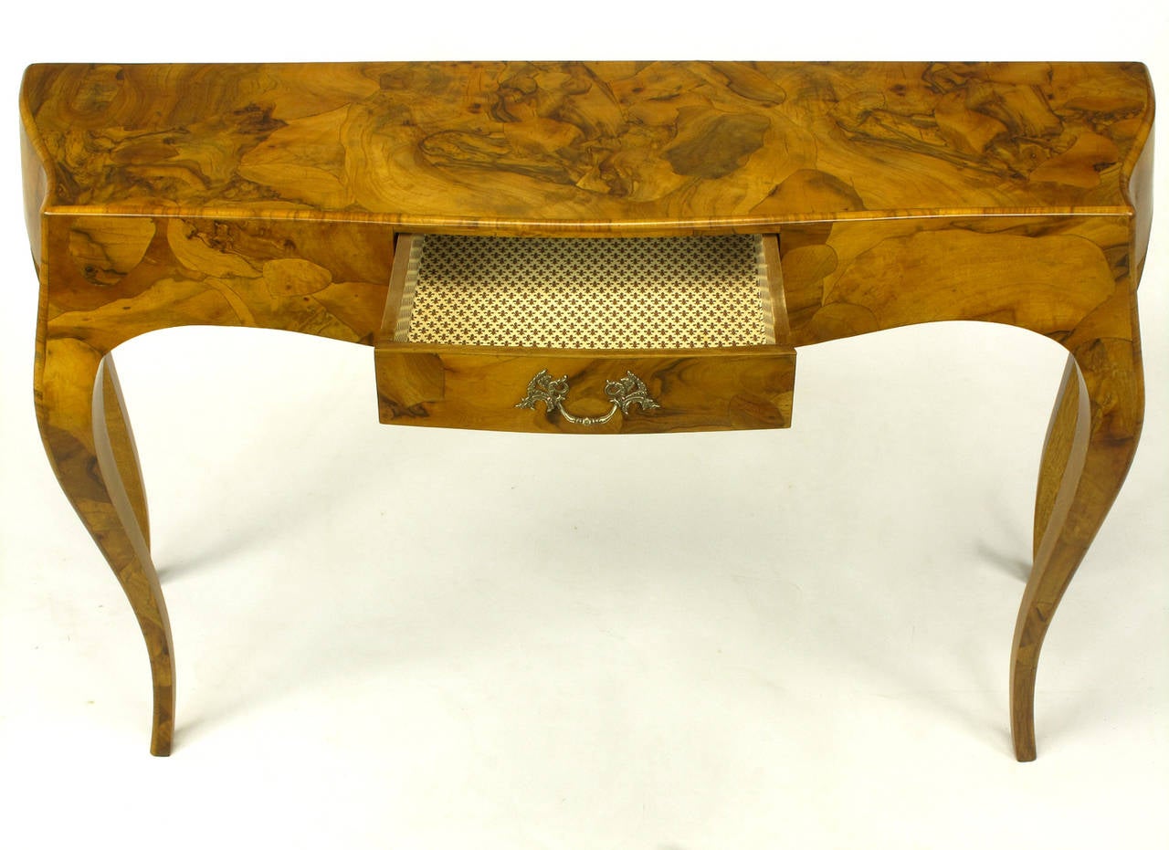 Italian Walnut Oyster Burl Bombe Console Table with Cabriole Legs 1