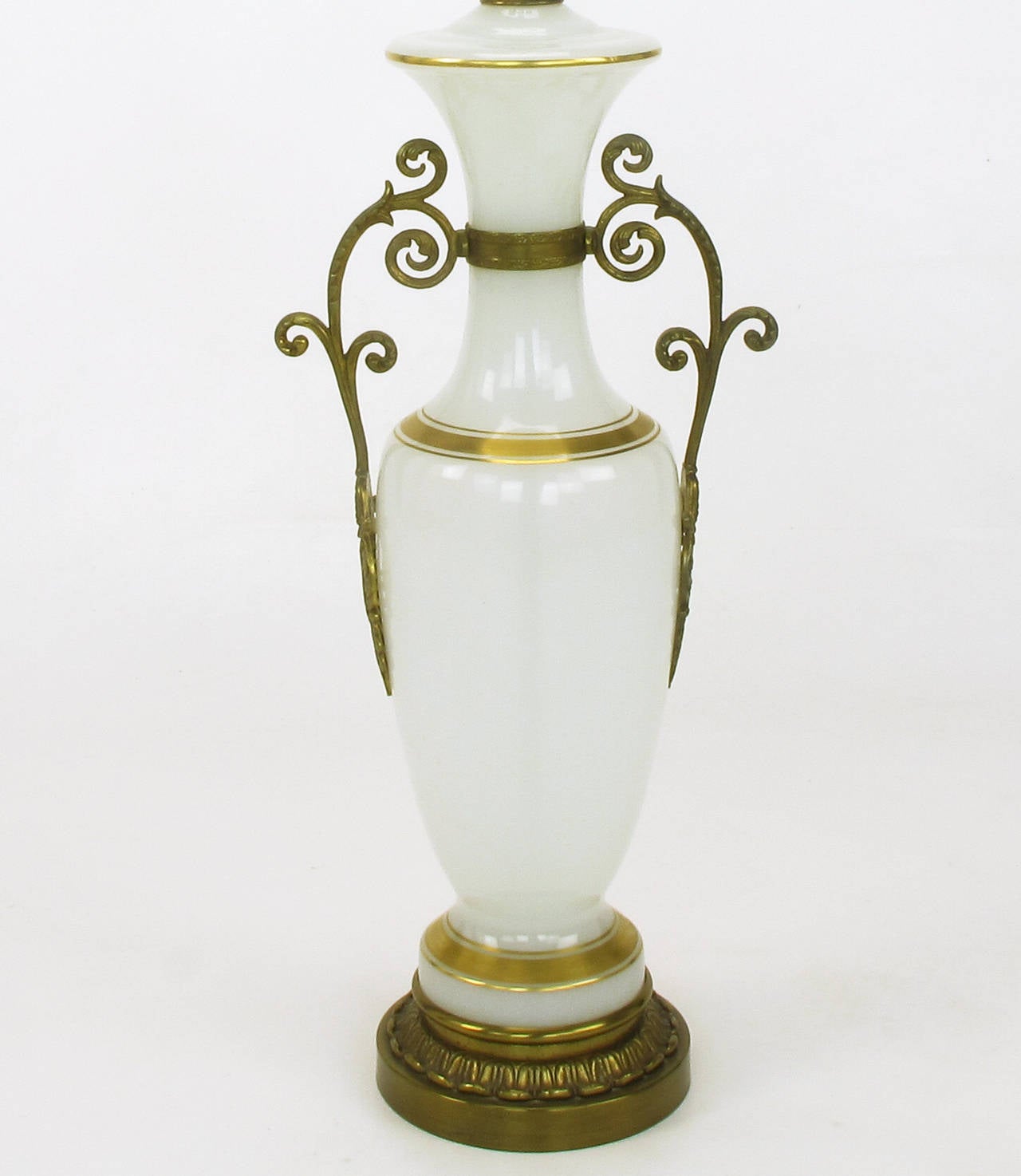 Late 20th Century Pair of Chapman Neoclassical White Milk Glass Table Lamps with Brass Appliques For Sale